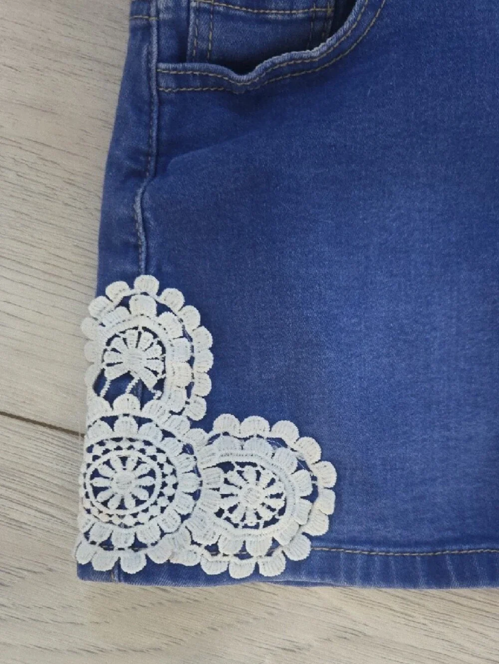 Soho Blue Denim Pinafore Skirt with White Lace Trim